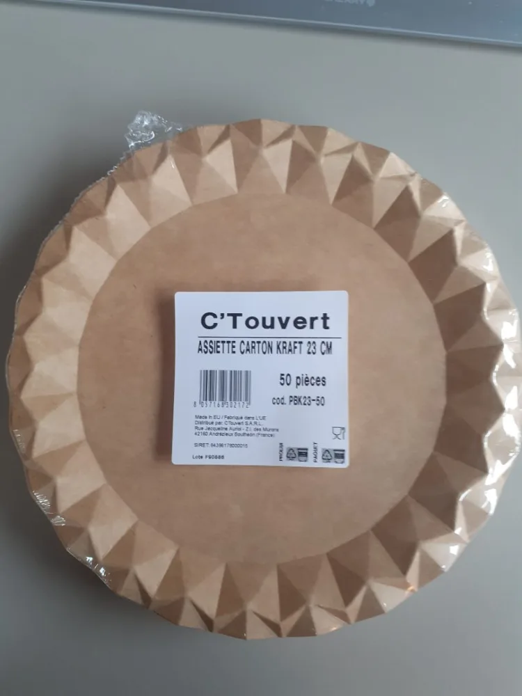 50 assiettes carton kraft design 23 cm - référence cod.pbk23-50 numéro de lot lote f90886