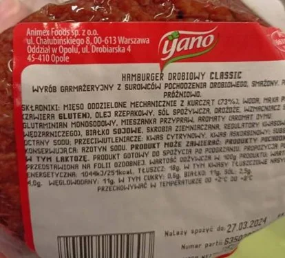 Hamburger drobiowy Classic, 250g, marki yano