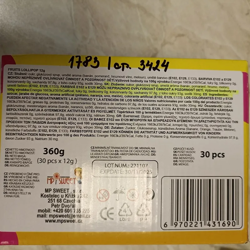 Nevyhovujúci výrobok Fruits Lollipop 12g x 30ks, 360g