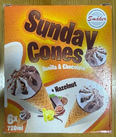 Назив на производот: Сладолед во корнет "SUNDAY CONES" - VANILA & COKOLADA 6X720 ml.