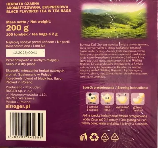 Ostrzeżenie publiczne dotyczące żywności: Alkaloidy pirolizydynowe w określonej partii ekspresowej herbaty czarnej aromatyzowanej EARL GREY