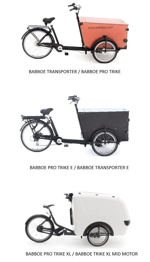 Vélos cargos city, city e, city mountain (pré 2020), mini, mini e, slim mountain, transporter, transporter e, pro trike, pro trike xl, pro trike e, trike xl mid motor