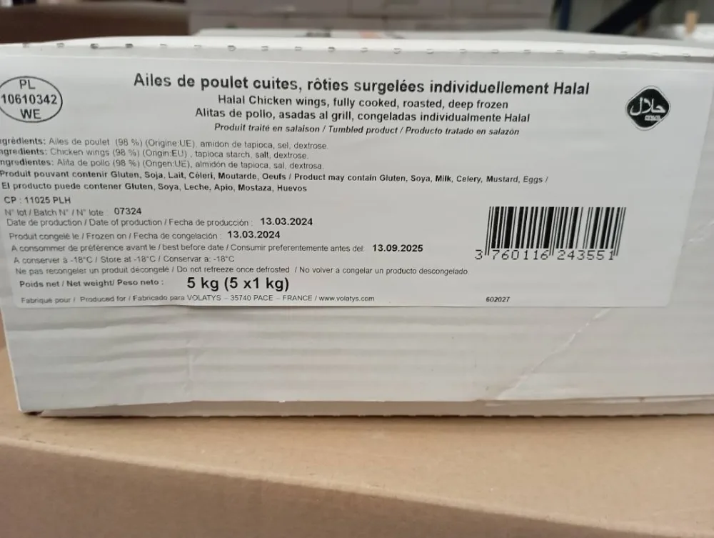 Ailes de poulet cuites, rôties surgelées individuellement halal