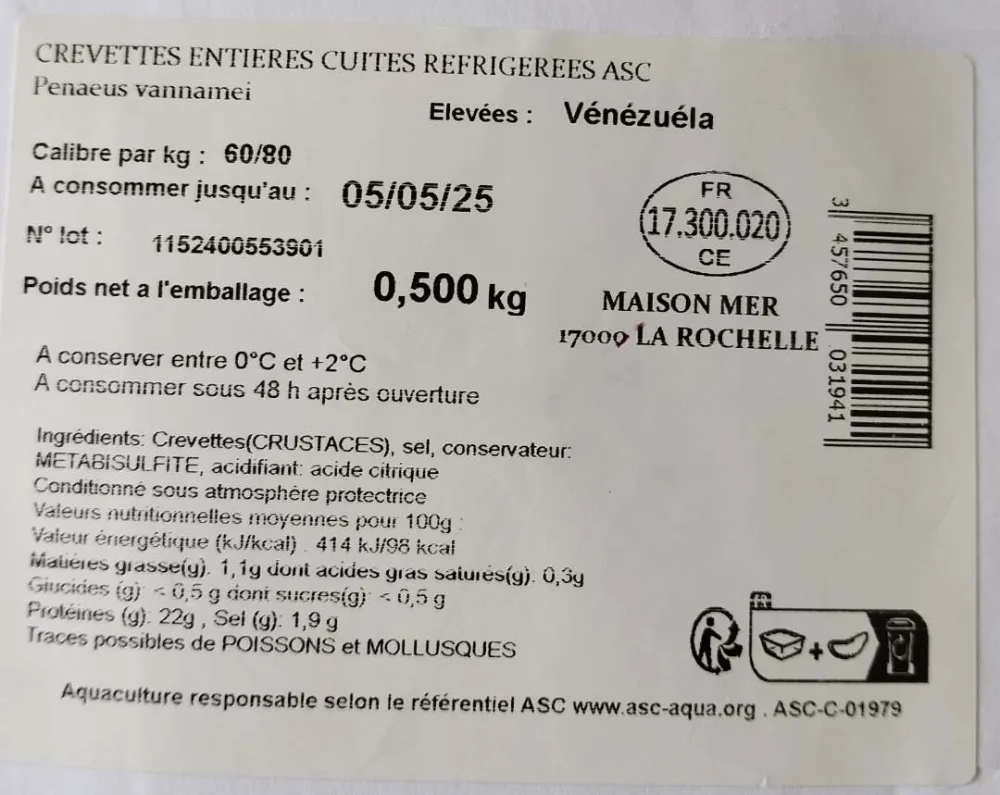 Crevettes cuites réfrigérées conditionnées sous atmosphère protectrice en barquette de 500g