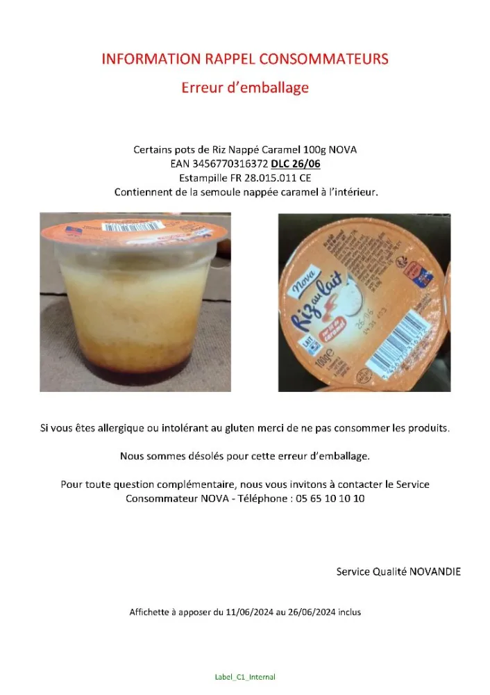Riz au lait sur lit de caramel 100g nova