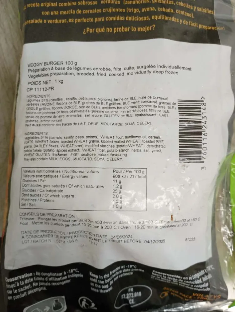 Préparation à base de légumes enrobée, frite, cuite, surgelée individuellement