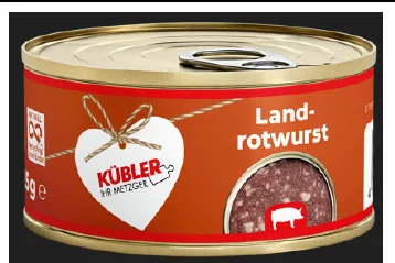 Hausmacher Blutwurst in der Dose 400 Gramm Landrotwurst in der Dose 125 Gramm Leberwurst fein mit Kalbfleisch in der Dose 125 Gramm Hausmacher Leberwurst in der Dose 200 Gramm