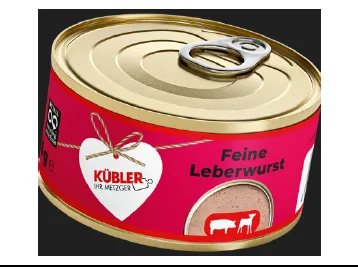 Hausmacher Blutwurst in der Dose 400 Gramm Landrotwurst in der Dose 125 Gramm Leberwurst fein mit Kalbfleisch in der Dose 125 Gramm Hausmacher Leberwurst in der Dose 200 Gramm