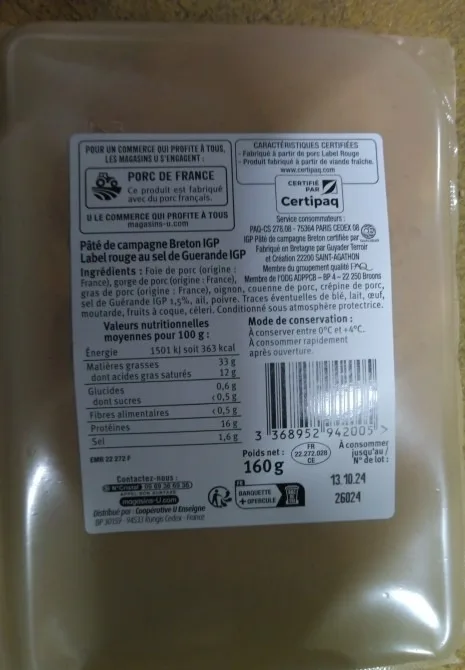 Roti de porc cuit label rouge u saveurs 4 tranches 160g