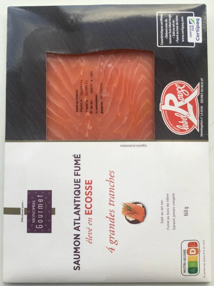 Saumon atlantique fumé, élevé en ecosse, label rouge monoprix gourmet