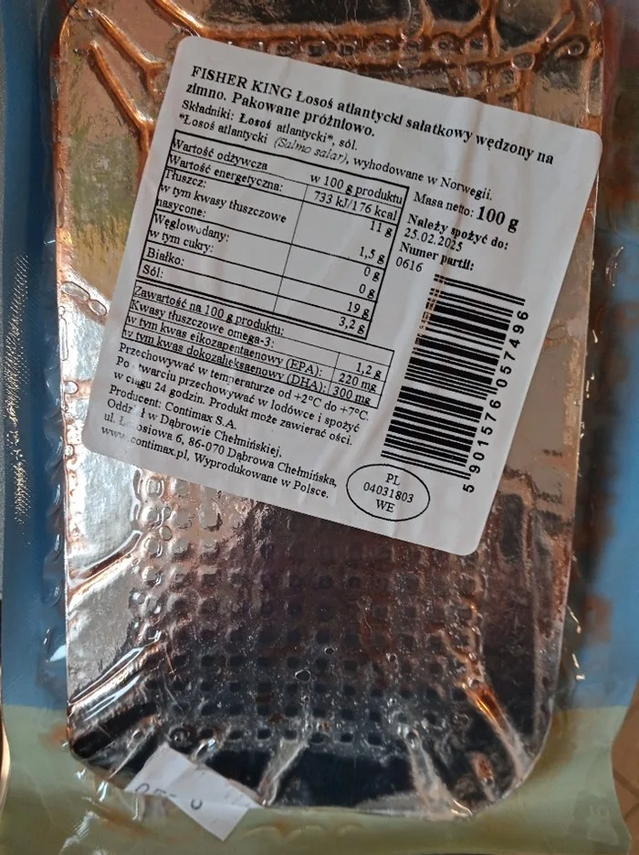 Łosoś atlantycki sałatkowy wędzony na zimno. Pakowany próżniowo, 100 g, marki Fisher King