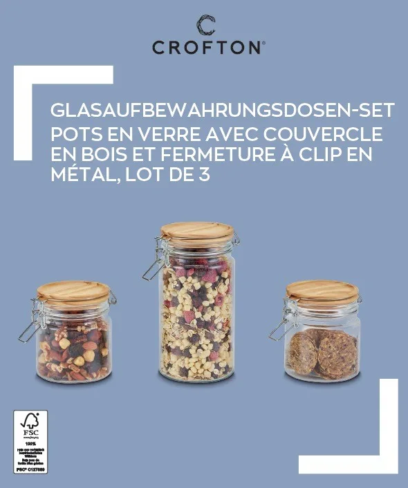 Pots en verre avec couvercle en bois et fermeture à clip en métal, lot de 3 & pots en verre avec couvercle et fermeture à clip en métal, lot de 3