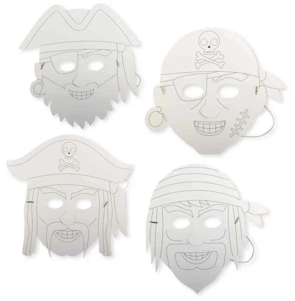 Lot de 4 masques pirates en carton à colorier, constitués d'une face en carton blanc et d'un élastique argenté amovible avec des barreaux métalliques aux extrémités.