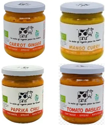 La vache qui regarde Brotaufstrich, Karotte Ingwer, Mango Curry, Paprika Chilli, Tomate Basilikum je 180 Gramm und Aubergine 190 Gramm