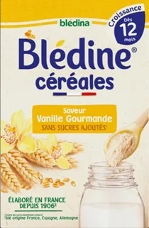 Bledine céréales saveur vanille gourmande (dès 12 mois) - bledine saveur biscuitée et lait (6 à 36 mois) - bledine banane et lait (6 à 36 mois) - bledine miel et lait (6 à 36 mois)