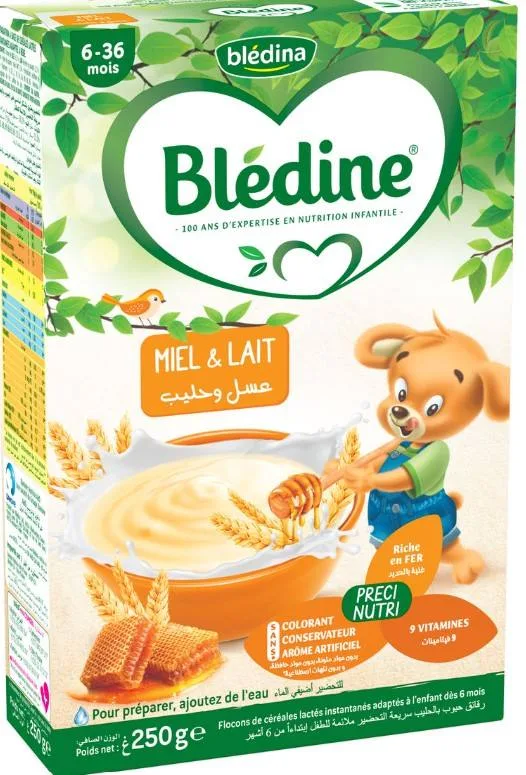 Bledine céréales saveur vanille gourmande (dès 12 mois) - bledine saveur biscuitée et lait (6 à 36 mois) - bledine banane et lait (6 à 36 mois) - bledine miel et lait (6 à 36 mois)