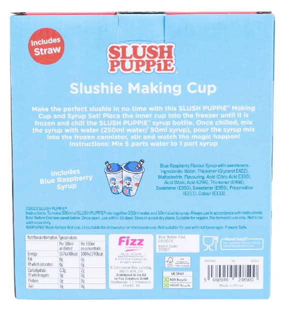 SLUSH PUPPiE Making Cup & Straw - Blue Raspberry flavour syrup with sweeteners, 180 Milliliter SLUSH PUPPiE Making Cup & Straw - Strawberry flavour syrup with sweeteners, 180 Milliliter SLUSH PUPPiE ZERO 2 Pack Syrup Set - Blue Raspberry & Strawberry flavour syrup with sweeteners, 2x 500 Milliliter 