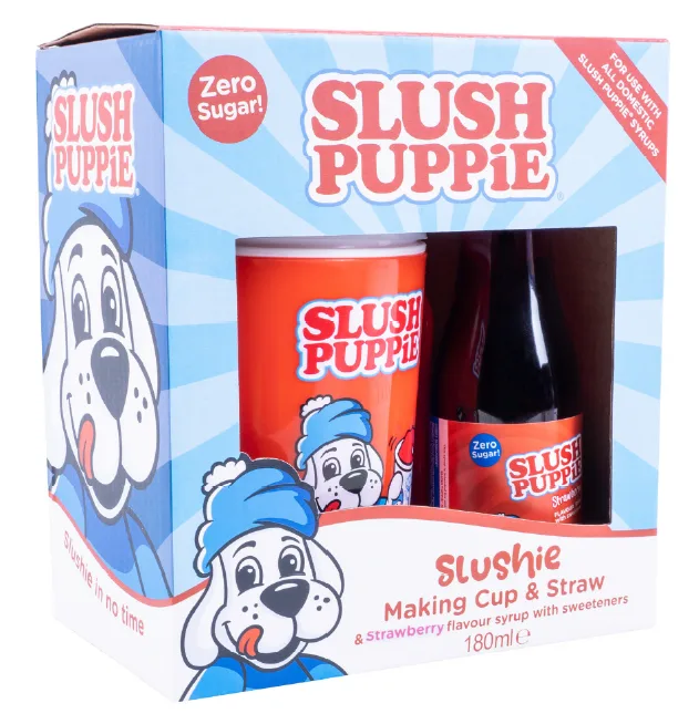 SLUSH PUPPiE Making Cup & Straw - Blue Raspberry flavour syrup with sweeteners, 180 Milliliter SLUSH PUPPiE Making Cup & Straw - Strawberry flavour syrup with sweeteners, 180 Milliliter SLUSH PUPPiE ZERO 2 Pack Syrup Set - Blue Raspberry & Strawberry flavour syrup with sweeteners, 2x 500 Milliliter 