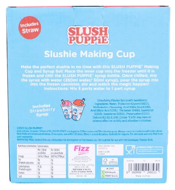 SLUSH PUPPiE Making Cup & Straw - Blue Raspberry flavour syrup with sweeteners, 180 Milliliter SLUSH PUPPiE Making Cup & Straw - Strawberry flavour syrup with sweeteners, 180 Milliliter SLUSH PUPPiE ZERO 2 Pack Syrup Set - Blue Raspberry & Strawberry flavour syrup with sweeteners, 2x 500 Milliliter 