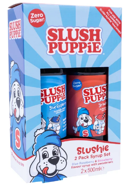 SLUSH PUPPiE Making Cup & Straw - Blue Raspberry flavour syrup with sweeteners, 180 Milliliter SLUSH PUPPiE Making Cup & Straw - Strawberry flavour syrup with sweeteners, 180 Milliliter SLUSH PUPPiE ZERO 2 Pack Syrup Set - Blue Raspberry & Strawberry flavour syrup with sweeteners, 2x 500 Milliliter 