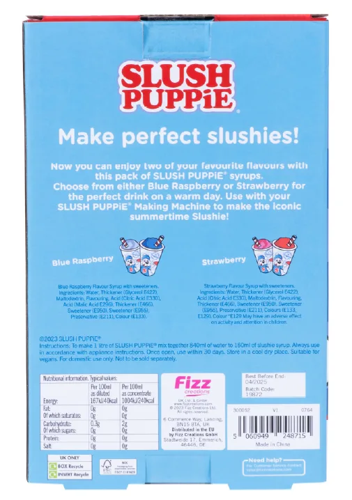 SLUSH PUPPiE Making Cup & Straw - Blue Raspberry flavour syrup with sweeteners, 180 Milliliter SLUSH PUPPiE Making Cup & Straw - Strawberry flavour syrup with sweeteners, 180 Milliliter SLUSH PUPPiE ZERO 2 Pack Syrup Set - Blue Raspberry & Strawberry flavour syrup with sweeteners, 2x 500 Milliliter 