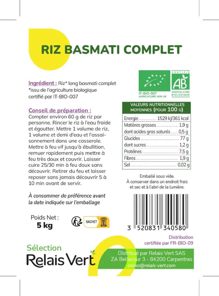 Riz basmati complet (2*5kg) selection relais vert