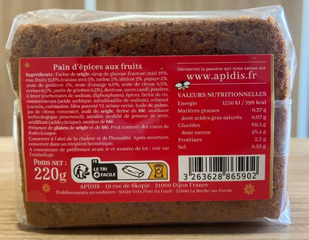 Pain d'épices au miel fruits confits 220g