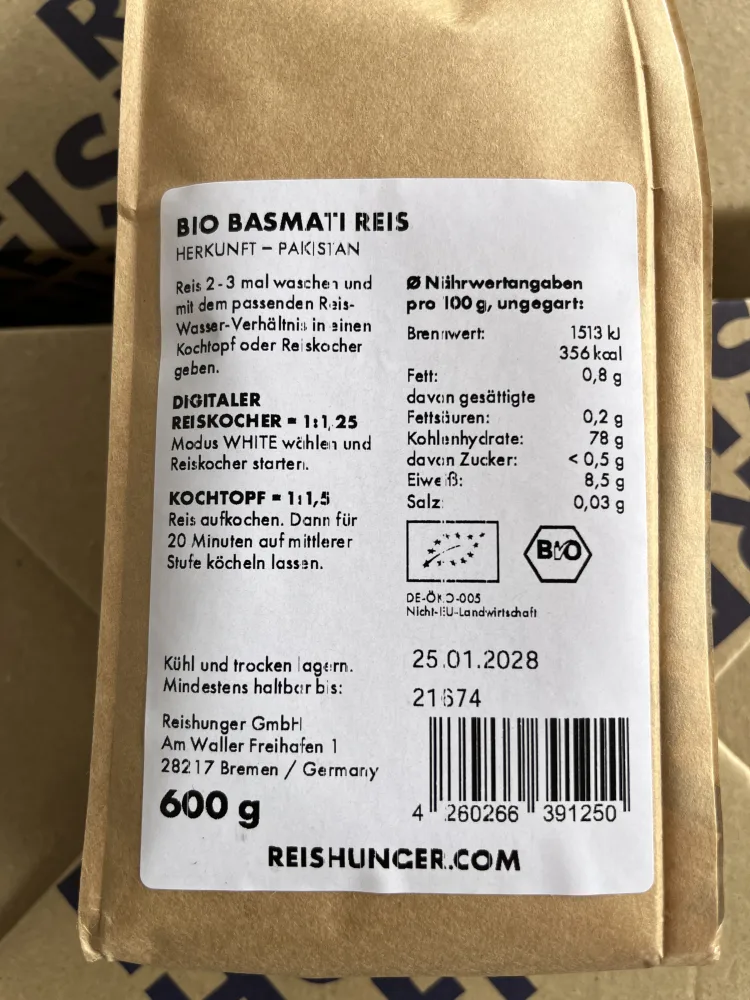 Bio Basmati Reis, 3 Kilogramm Bio Basmati Reis, 600 Gramm Bio Basmati Reis, 200 Gramm