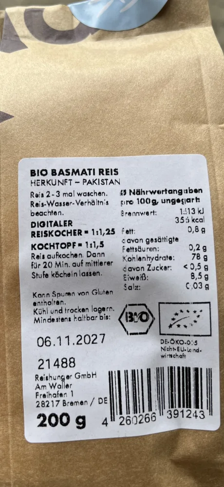 Bio Basmati Reis, 3 Kilogramm Bio Basmati Reis, 600 Gramm Bio Basmati Reis, 200 Gramm