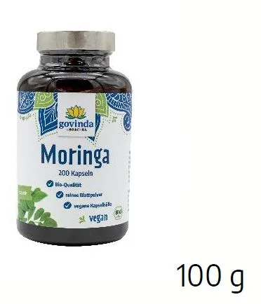Bio-Moringa-Kapseln zu 45 Gramm mit 90 Kapseln und zu 100 Gramm mit 200 Kapseln