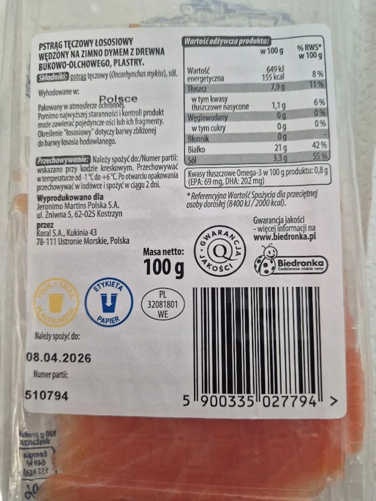 Pstrąg tęczowy łososiowy wędzony na zimno, MARINERO, 100.0 g