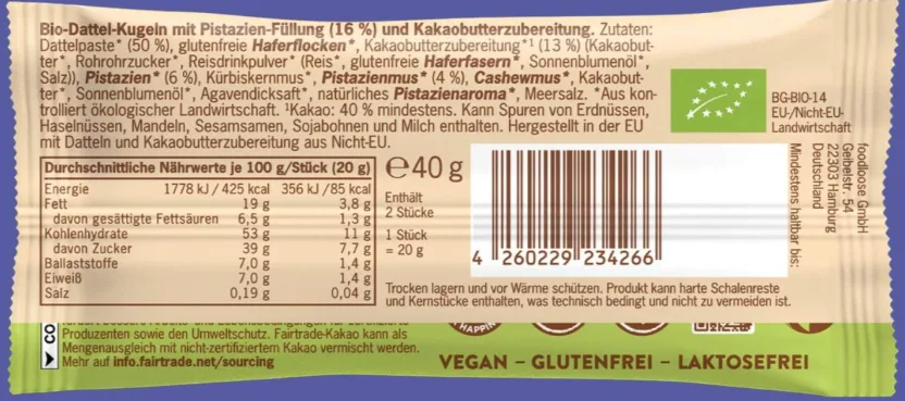 Bio-Dattel-Kugeln mit Pistazien-Füllung (16 %) und Kakaobutterzubereitung, 40 Gramm und 12 x 40 Gramm