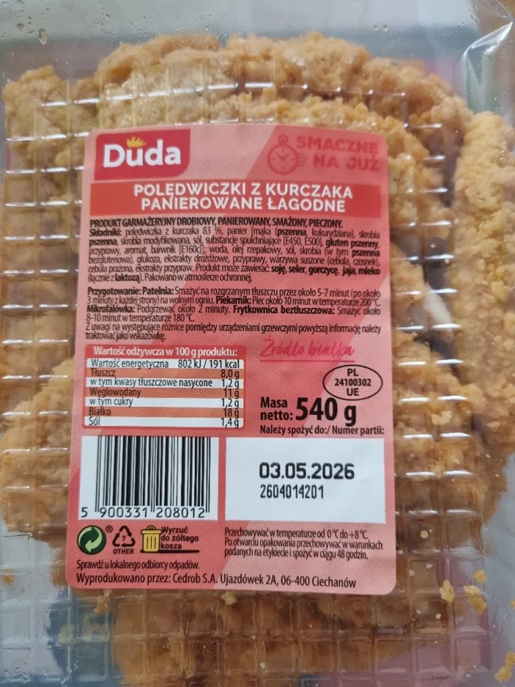 DUDA Polędwiczki z kurczaka panierowane łagodne. Opakowanie XXL, 540 g