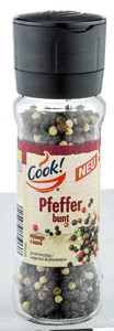 Cook! Gewürzmühlen sortiert Pfeffer schwarz 70 Gramm Pfeffer bunt 65 Gramm Knoblauch 75 Gramm