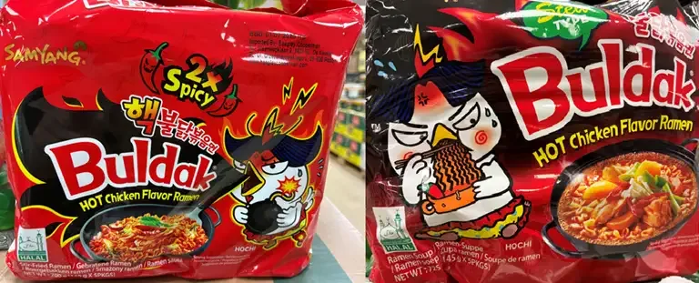 Buldak HOT Chicken Flavor Ramen i varianterne "spicy" og "stew type"
