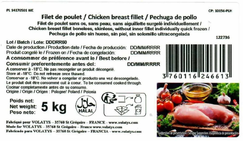 Filet de poulet sans aiguillette, sans peau, sans os surgelé individuellement