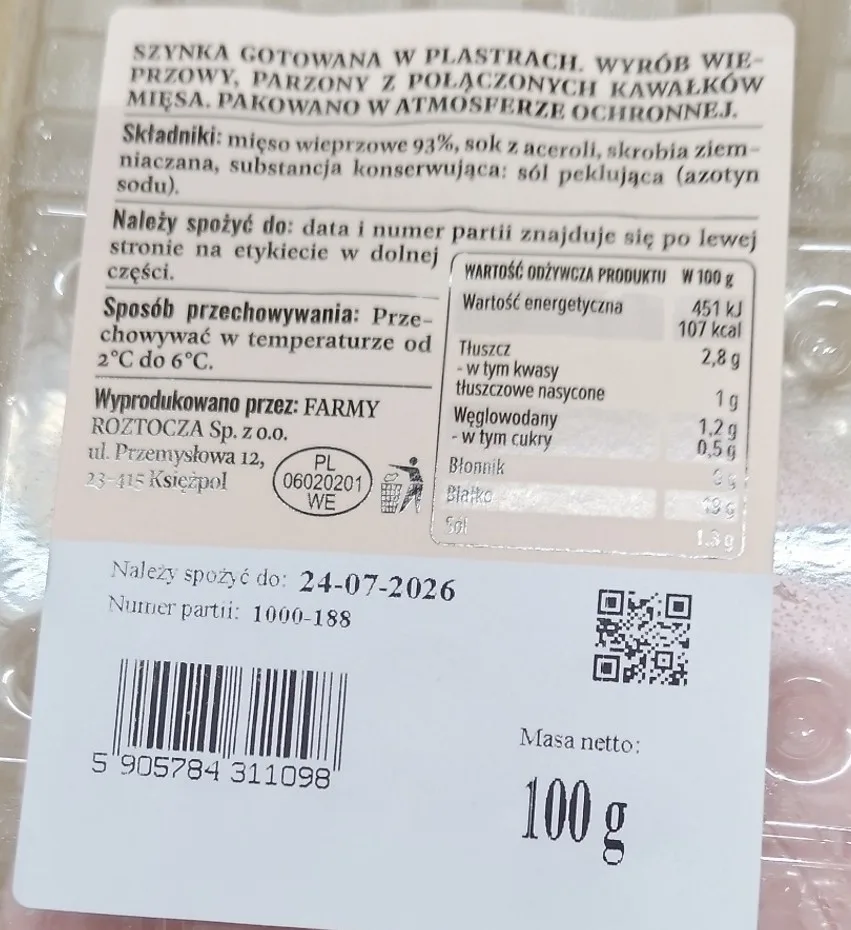Polska Gościna szynka wieprzowa w plastrach gotowana 100g