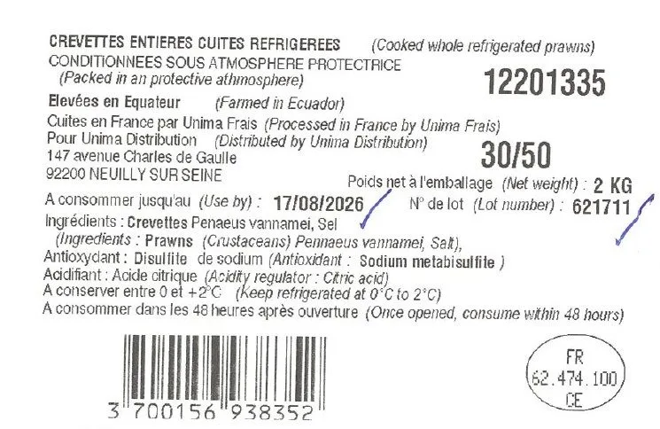 Crevettes entières cuites réfrigérées vrac origine equateur 30/50