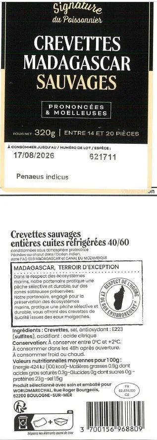 Crevettes entières cuites réfrigérées élevage 40/60 mada 300g et sauvage fao 51.6 320g