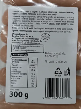 Serdelki wieprzowe z szynki, Carrefour Classic, 300.0 g