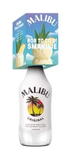 Szklanka o pojemności 500 ml z logo Malibu sprzedawana w zestawie z butelką likieru Malibu o pojemności 700 ml