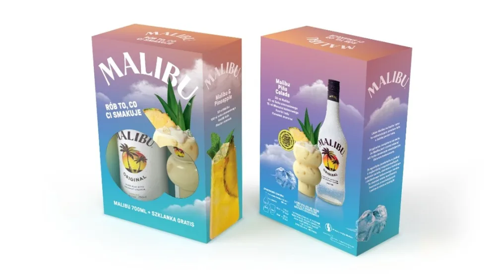 Szklanka o pojemności 500 ml z logo Malibu sprzedawana w zestawie z butelką likieru Malibu o pojemności 700 ml