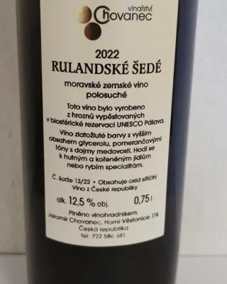 Rulandské šedé, moravské zemské víno, polosuché, alk. 12,5 % obj., víno z České republiky