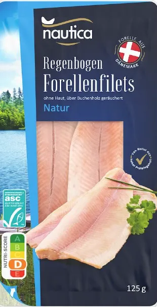 „Nautica Regenbogen Forellenfilets Natur, 125 Gramm" „Nautica Regenbogen Forellenfilets Pfeffer, 125 Gramm"