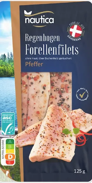 „Nautica Regenbogen Forellenfilets Natur, 125 Gramm" „Nautica Regenbogen Forellenfilets Pfeffer, 125 Gramm"